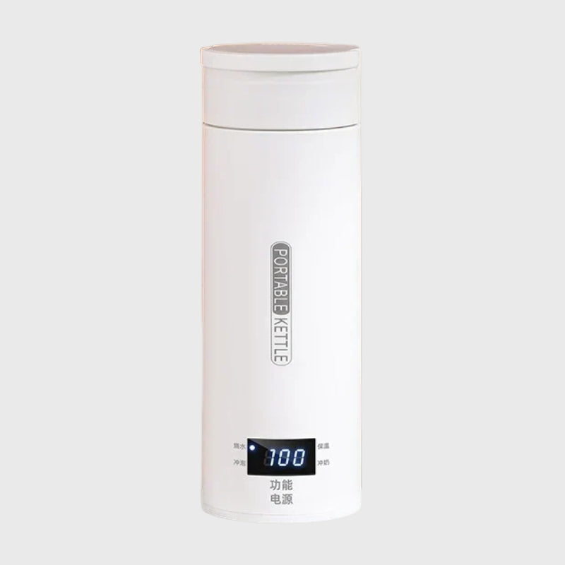 Chauffe-biberon électrique portable en acier inoxydable blanc avec écran LED affichant la température – format thermos de voyage pour bébé