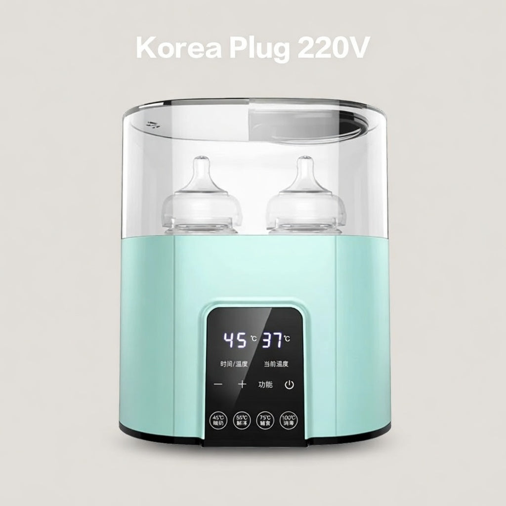 Chauffe-biberon stérilisateur 2 en 1 vert d'eau avec double biberon, écran LED et couvercle transparent réchauffage et stérilisation vapeur pour bébé