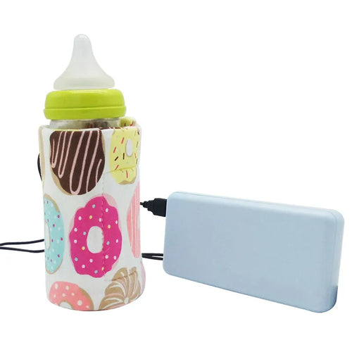 Chauffe-biberon portable USB avec housse isolante en coton à motifs colorés et batterie externe – maintien au chaud du lait pour bébé en déplacement
