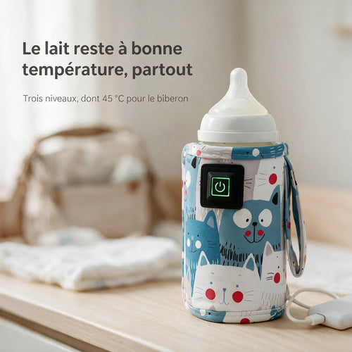 Chauffe-biberon de voyage à motifs chats bleus branché sur une batterie externe, posé sur une table près d'un sac à langer – le lait reste à bonne température, 3 niveaux dont 45 °C