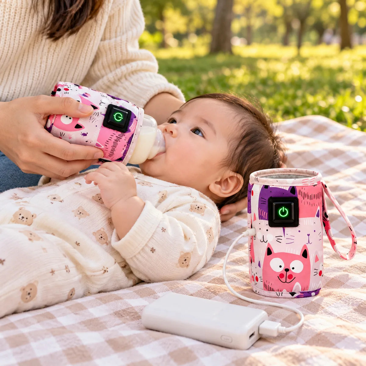 Bébé buvant son biberon sur un plaid de pique-nique, à côté du chauffe-biberon de voyage branché sur une batterie externe