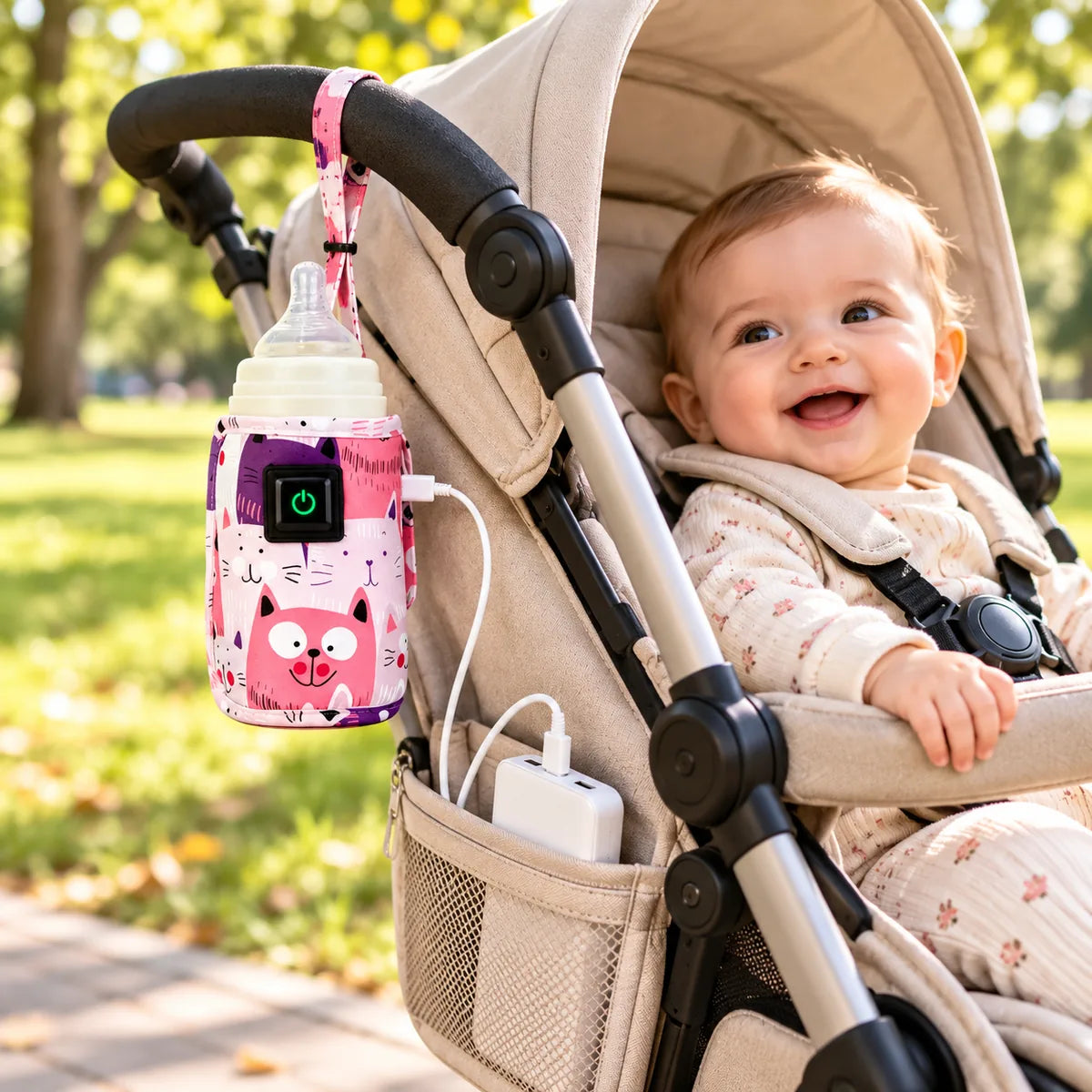 Chauffe-biberon de voyage accroché à la poussette par sa dragonne et branché sur une batterie externe, à côté d'un bébé souriant au parc