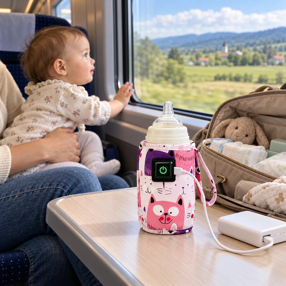 Chauffe-biberon de voyage à motifs chats roses branché sur une batterie externe, sur la tablette d'un train, à côté d'un bébé qui regarde par la fenêtre