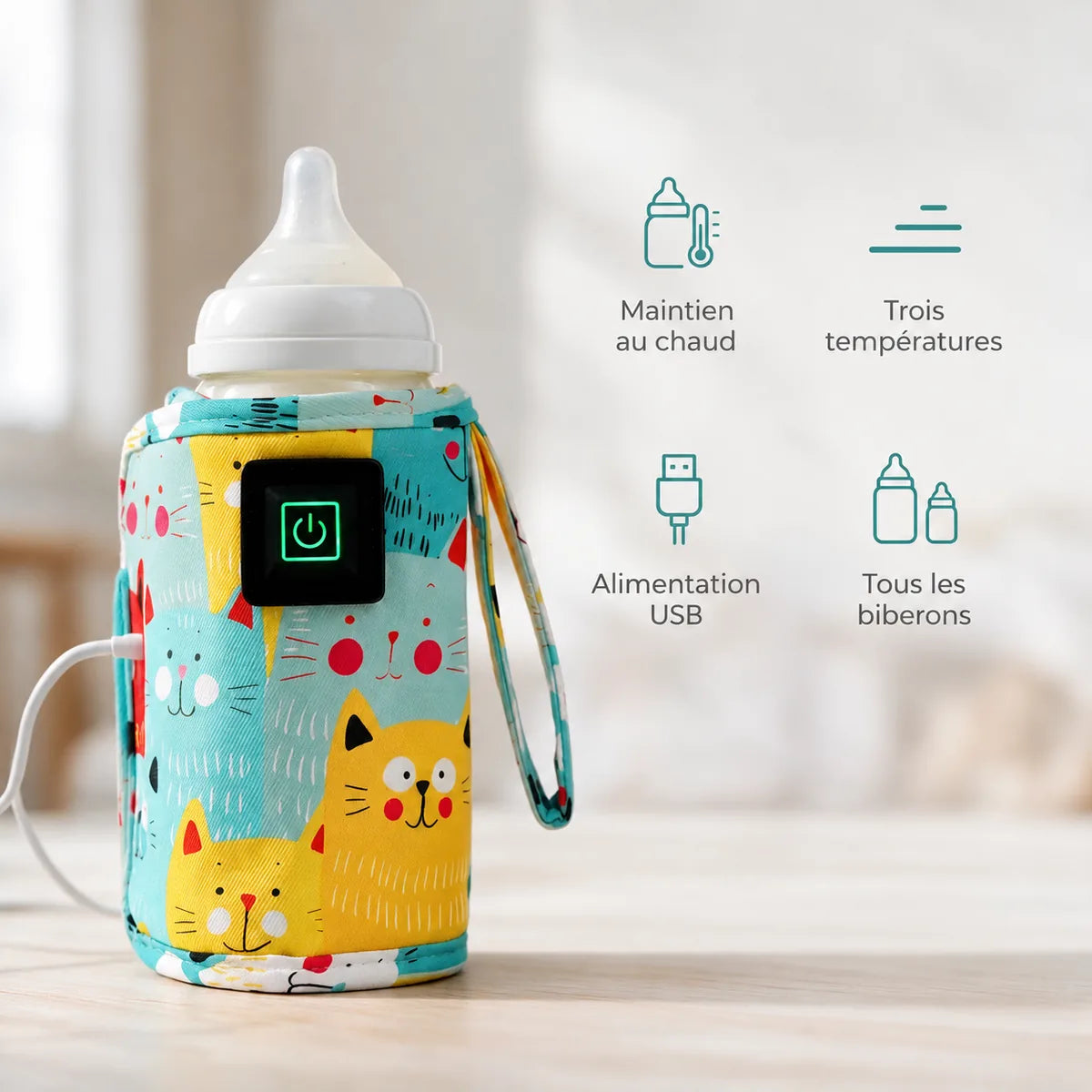 Chauffe-biberon de voyage à motifs chats turquoise et jaunes et ses atouts : maintien au chaud, trois températures, alimentation USB, tous les biberons