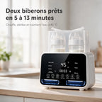 Chauffe-biberon double avec deux biberons – deux biberons prêts en 5 à 13 minutes, chauffe, stérilise et maintient l'eau à 45 °C