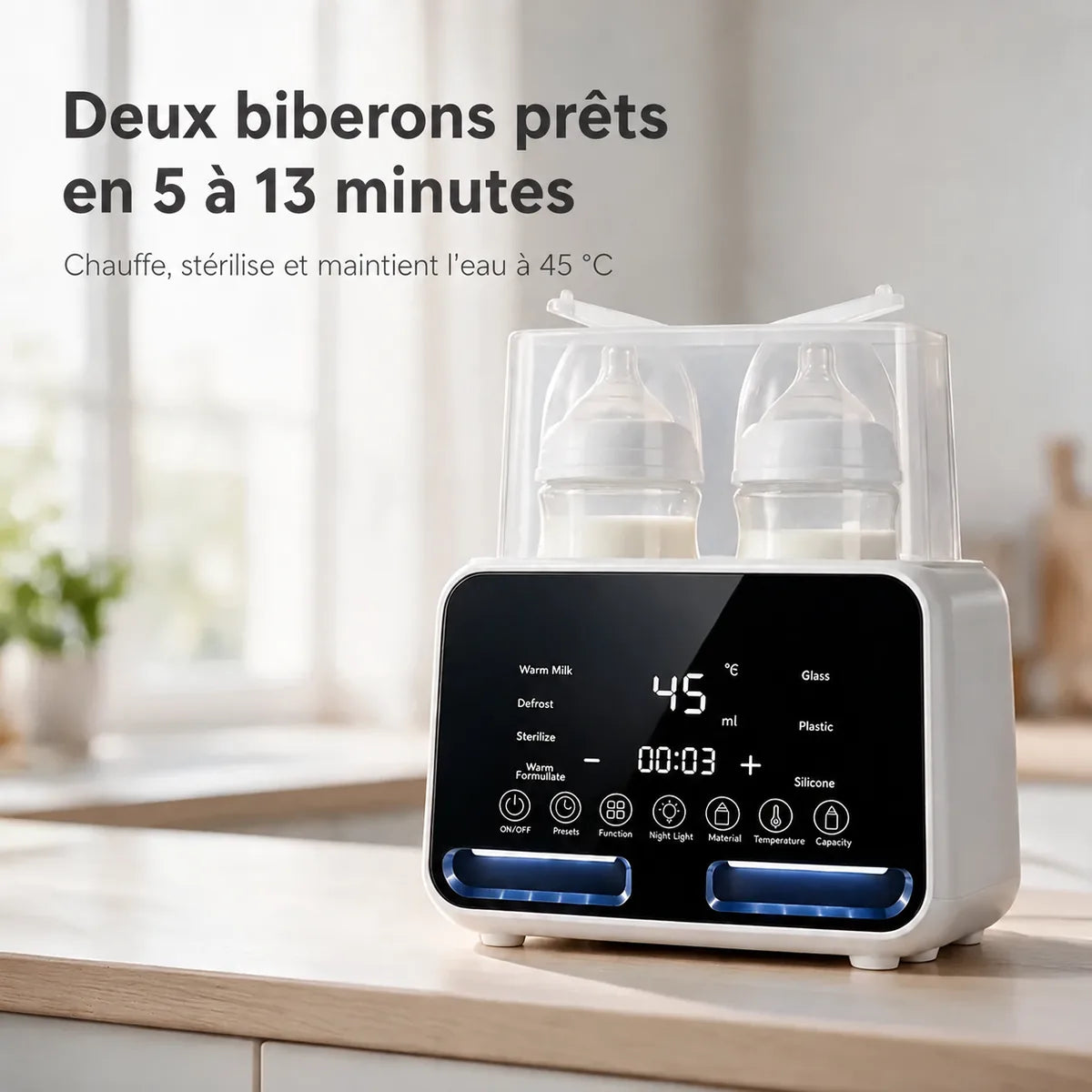 Chauffe-biberon double avec deux biberons – deux biberons prêts en 5 à 13 minutes, chauffe, stérilise et maintient l'eau à 45 °C
