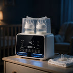Chauffe-biberon double avec deux biberons de lait sur une commode, dans une chambre de bébé la nuit