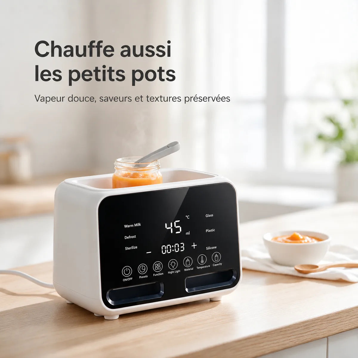 Chauffe-biberon double réchauffant un petit pot de purée – vapeur douce, saveurs et textures préservées