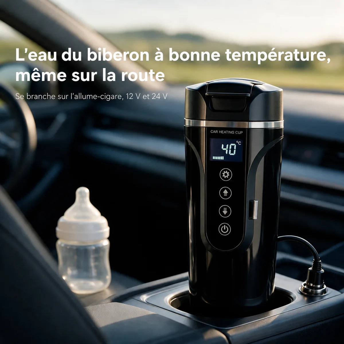 Chauffe-biberon électrique noir à 40 °C dans le porte-gobelet, branché sur l'allume-cigare – l'eau du biberon à bonne température, 12 V et 24 V