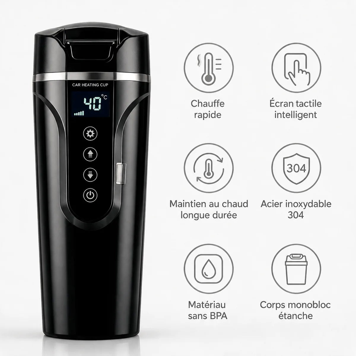 Chauffe-biberon électrique noir et ses atouts : chauffe rapide, écran tactile, maintien au chaud longue durée, acier inoxydable 304, sans BPA, corps monobloc étanche