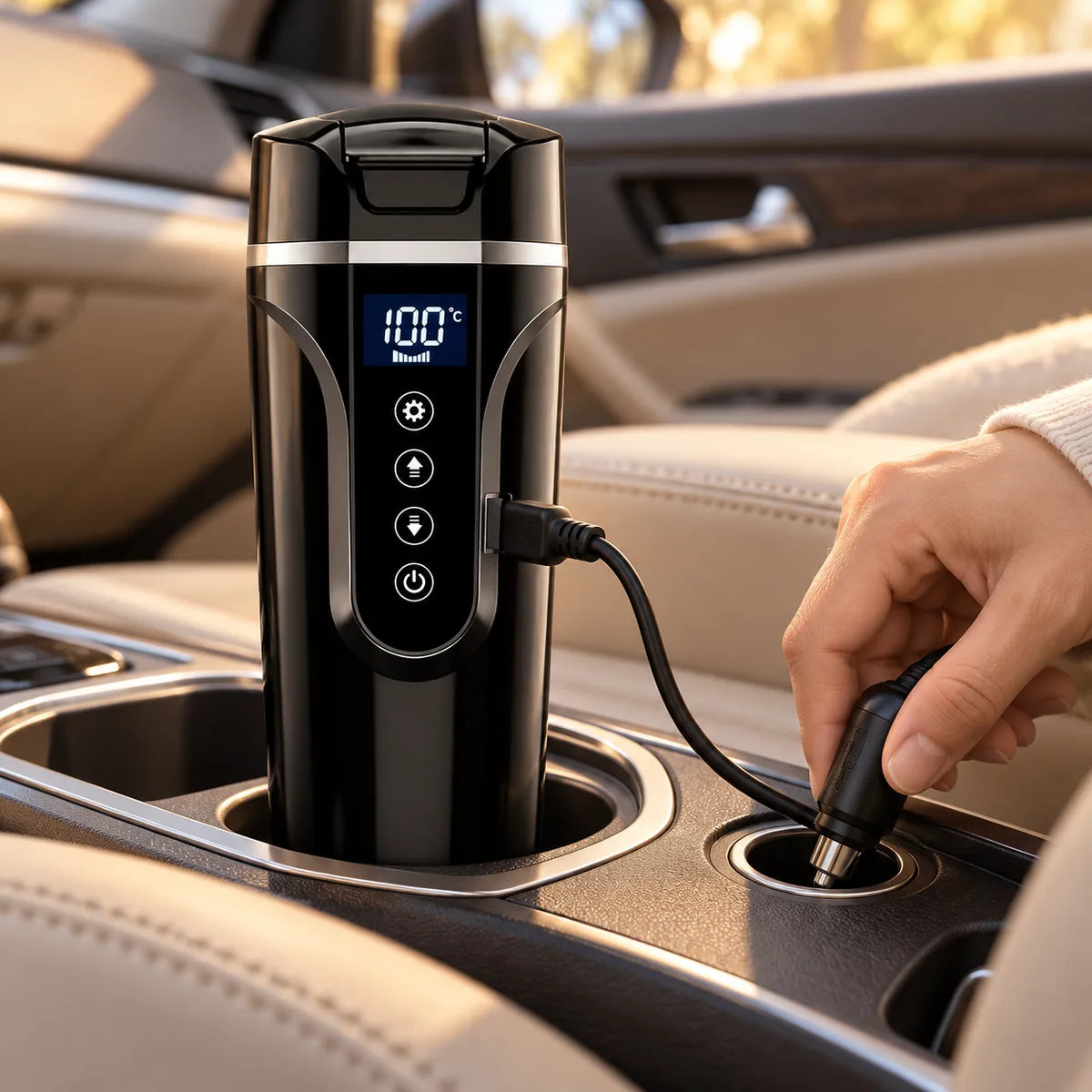 Étape 2 : chauffe-biberon électrique posé dans le porte-gobelet et branché sur l'allume-cigare