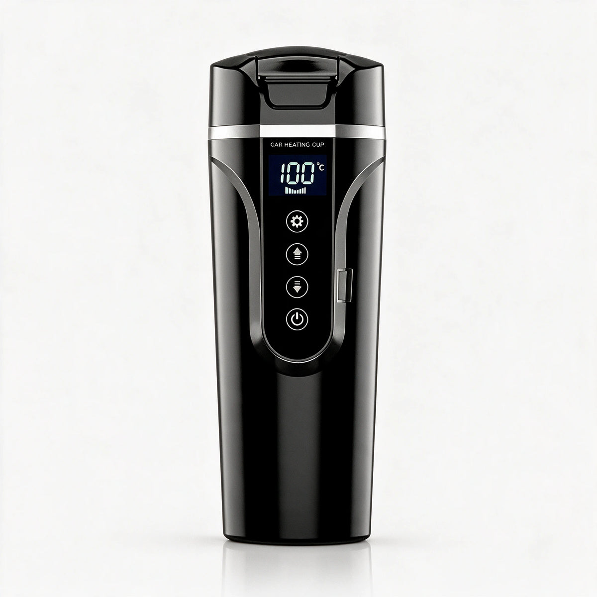 Chauffe-biberon électrique noir avec couvercle et écran tactile affichant la température, sur fond blanc