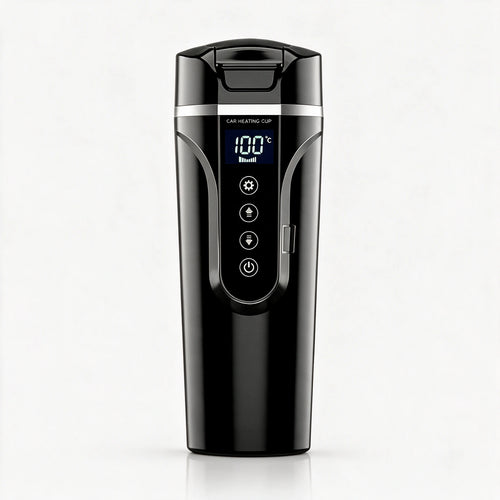 Chauffe-biberon électrique noir avec couvercle et écran tactile affichant la température, sur fond blanc