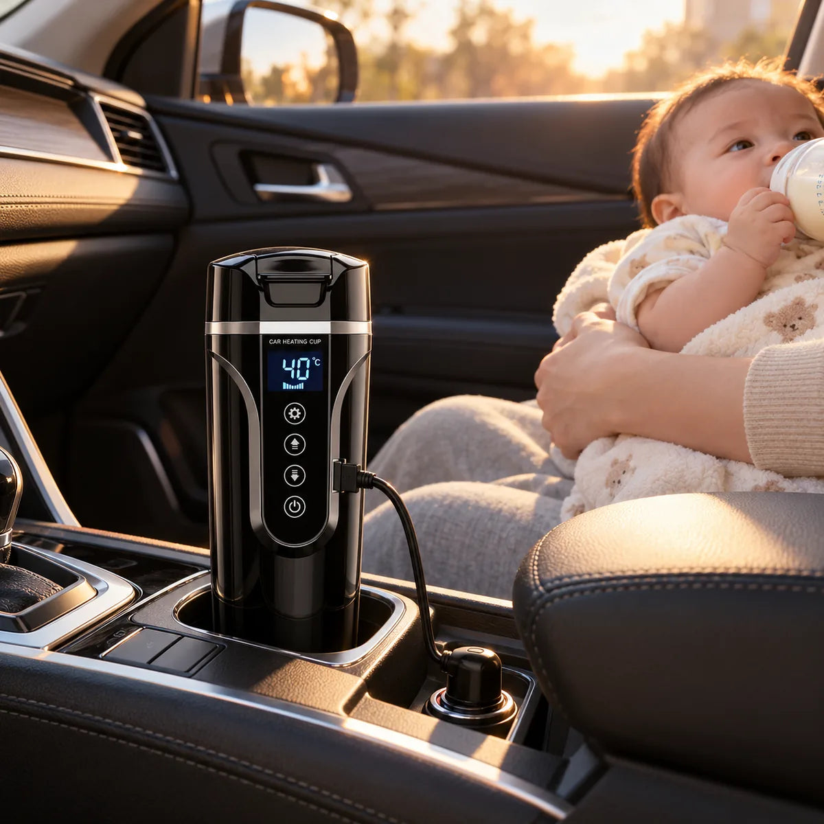 Bébé buvant son biberon côté passager d'une voiture à l'arrêt, chauffe-biberon électrique à 40 °C dans le porte-gobelet