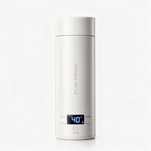 Chauffe-biberon lait maternel portable blanc en format gourde avec écran de température, sur fond blanc