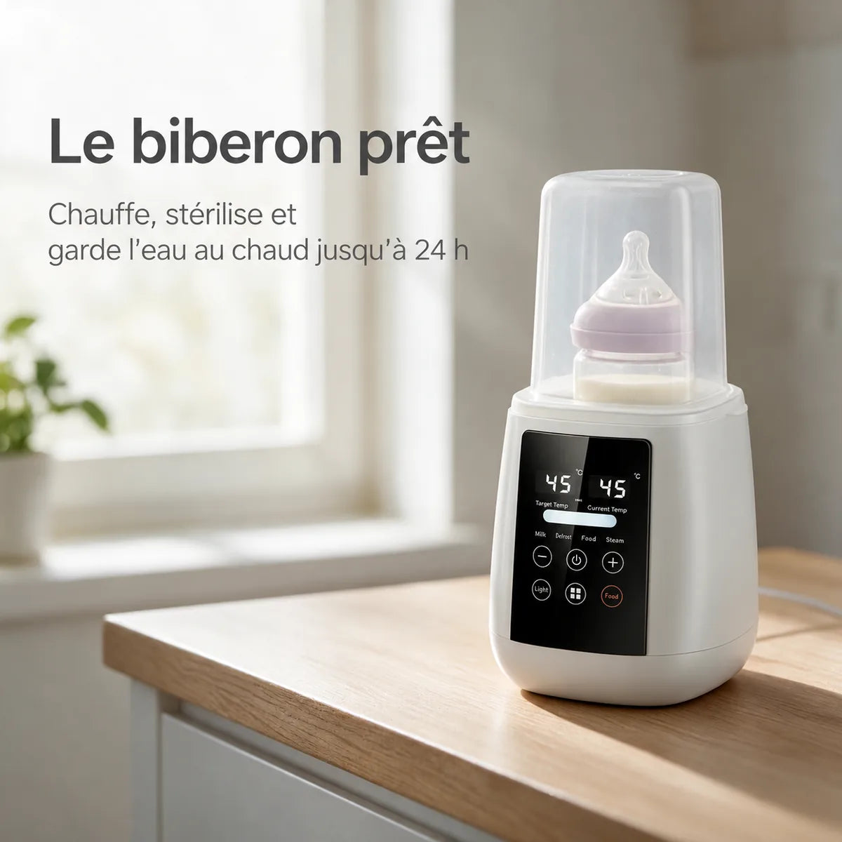 Chauffe-biberon stérilisateur avec biberon sous cloche – chauffe, stérilise et garde l'eau au chaud jusqu'à 24 h