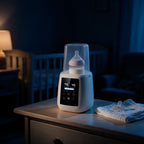 Chauffe-biberon stérilisateur avec biberon de lait sur une commode, dans une chambre de bébé la nuit