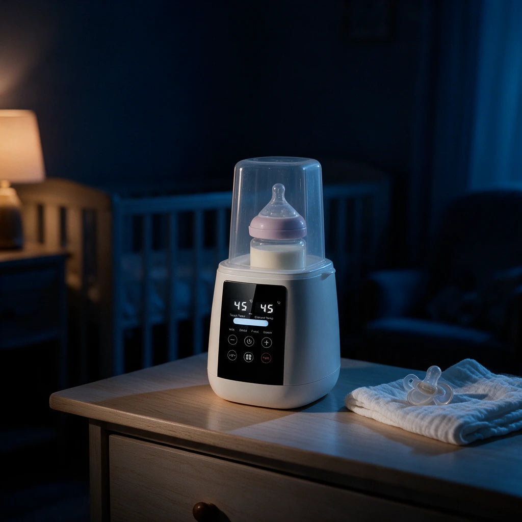 Chauffe-biberon stérilisateur avec biberon de lait sur une commode, dans une chambre de bébé la nuit