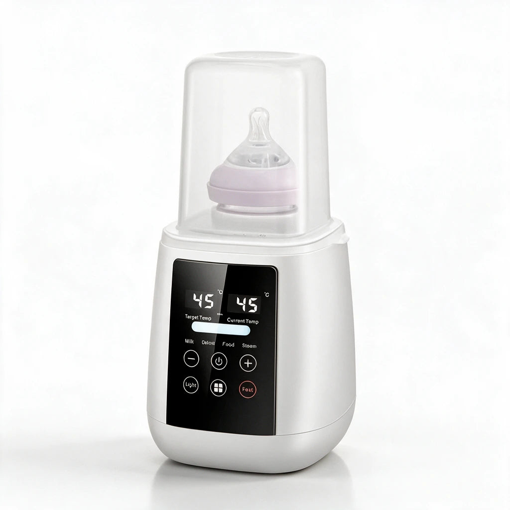 Chauffe-biberon stérilisateur blanc avec biberon sous cloche transparente et double écran de température, sur fond blanc