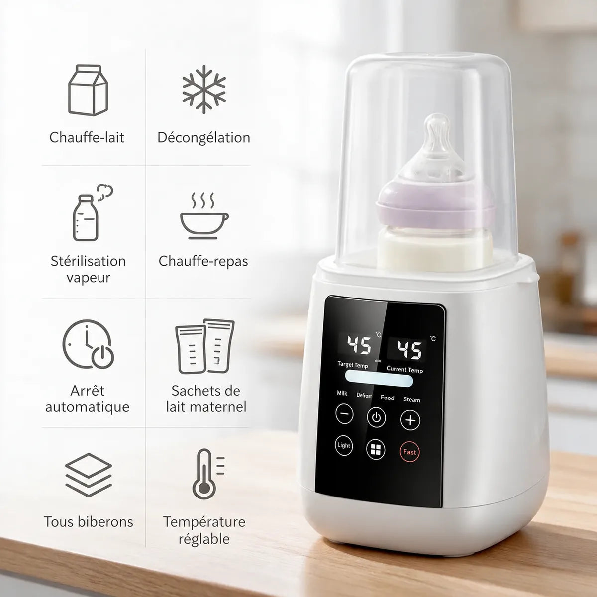 Chauffe-biberon stérilisateur et ses fonctions : chauffe-lait, décongélation, stérilisation vapeur, chauffe-repas, arrêt automatique, sachets de lait maternel, tous biberons, température réglable