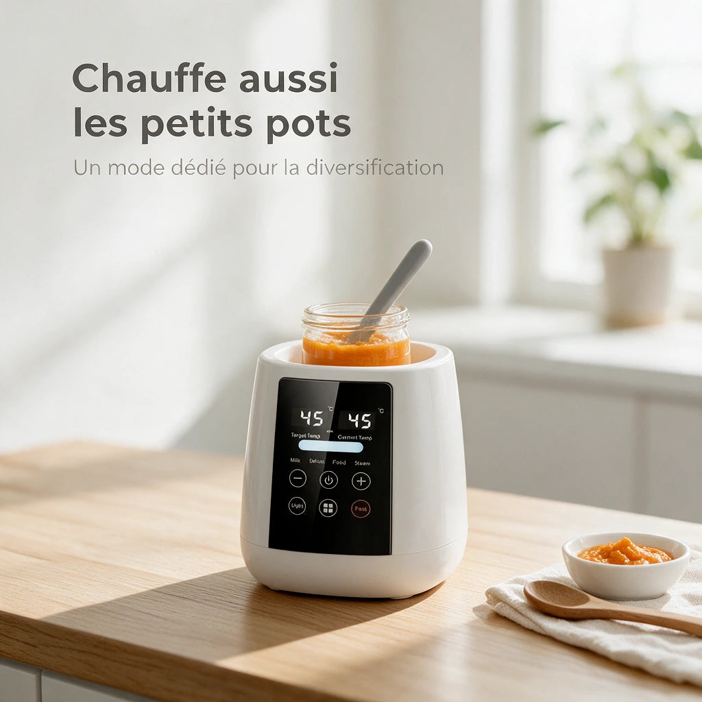 Chauffe-biberon stérilisateur réchauffant un petit pot de purée – mode dédié à la diversification