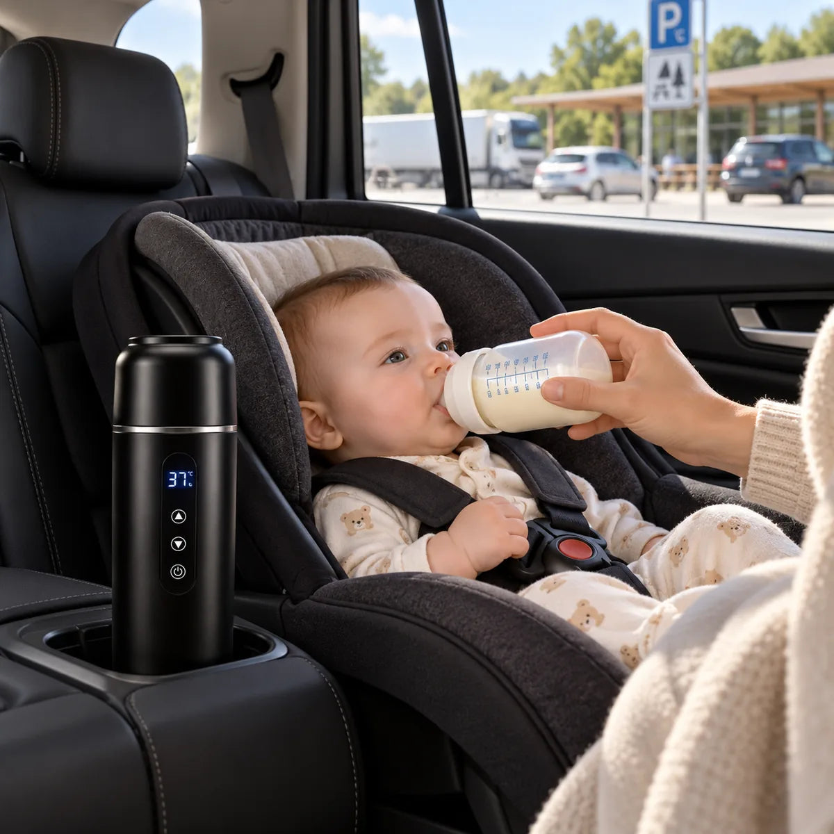 Bébé dans son siège auto buvant son biberon sur une aire de repos, chauffe-biberon voiture noir à 37 °C dans le porte-gobelet