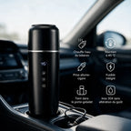 Chauffe-biberon voiture noir et ses atouts : chauffe l'eau du biberon, maintien à 45 °C, prise allume-cigare, fusible intégré, tient dans le porte-gobelet, inox 304