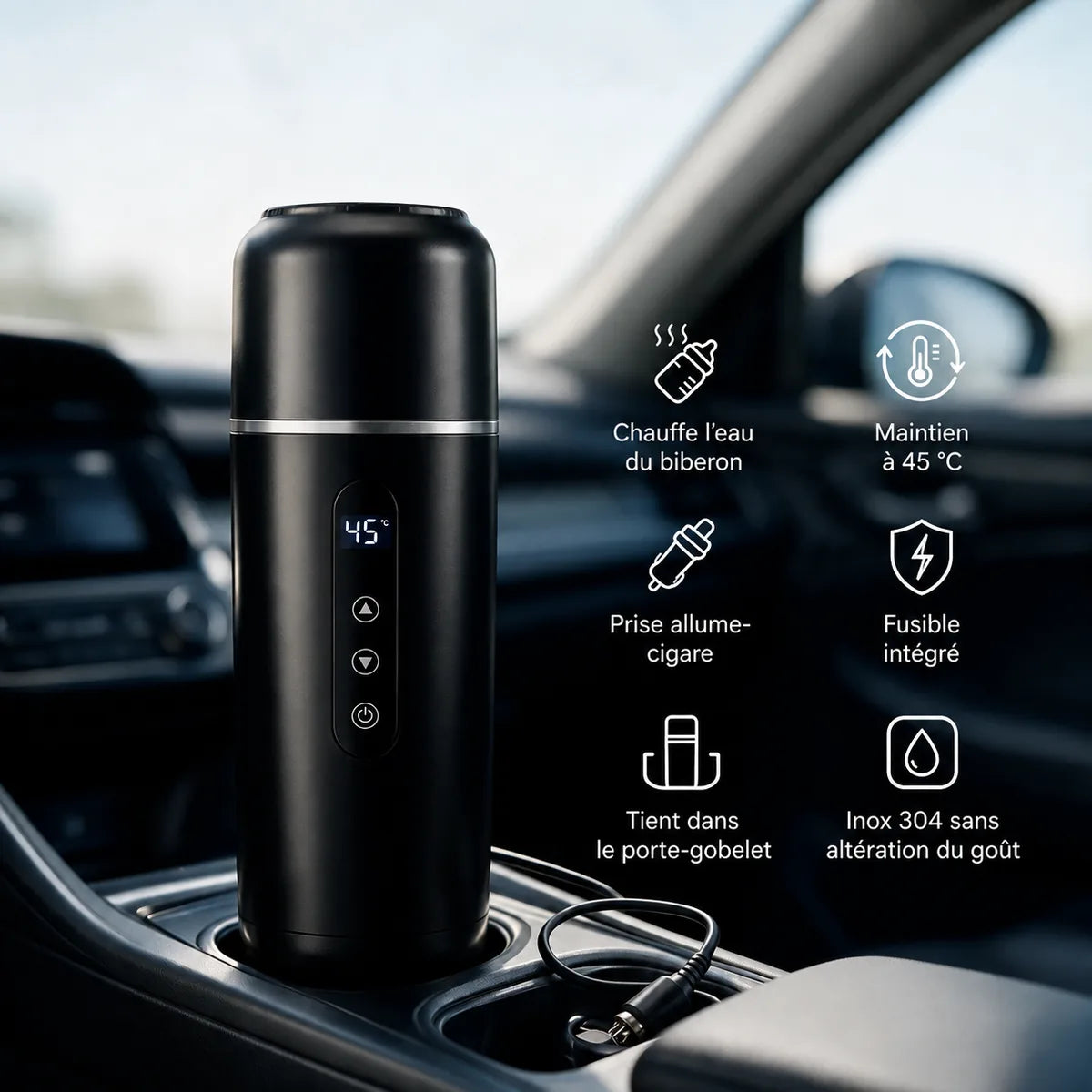Chauffe-biberon voiture noir et ses atouts : chauffe l'eau du biberon, maintien à 45 °C, prise allume-cigare, fusible intégré, tient dans le porte-gobelet, inox 304