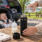 Eau versée dans le chauffe-biberon voiture noir réglé sur 37 °C, sur une table de pique-nique près d'une voiture, bébé dans son siège coque