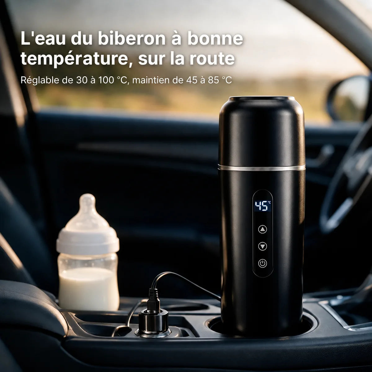 Chauffe-biberon voiture noir branché sur l'allume-cigare – l'eau du biberon à bonne température, réglable de 30 à 100 °C, maintien de 45 à 85 °C