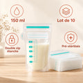 Sachet de conservation de lait maternel 150 ml rempli et pile de sachets – lot de 10, double zip étanche, pré-stérilisés
