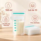 Sachet de conservation de lait maternel 150 ml rempli et pile de sachets – lot de 10, double zip étanche, pré-stérilisés