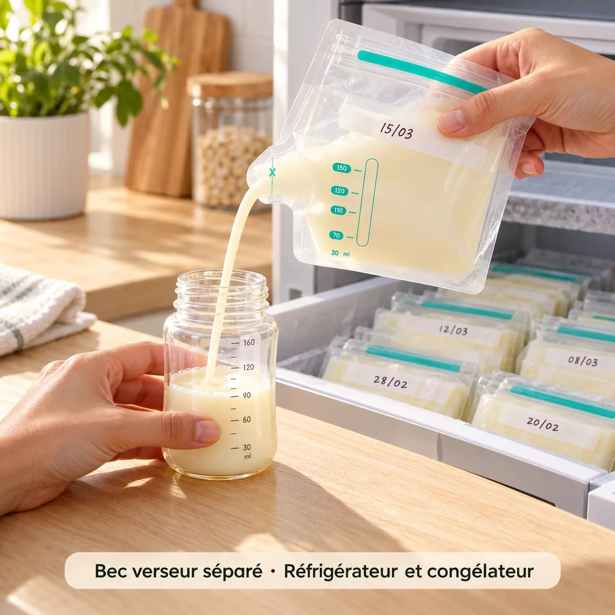 Lait maternel versé d'un sachet de conservation daté dans un biberon, sachets congelés rangés dans le tiroir du congélateur