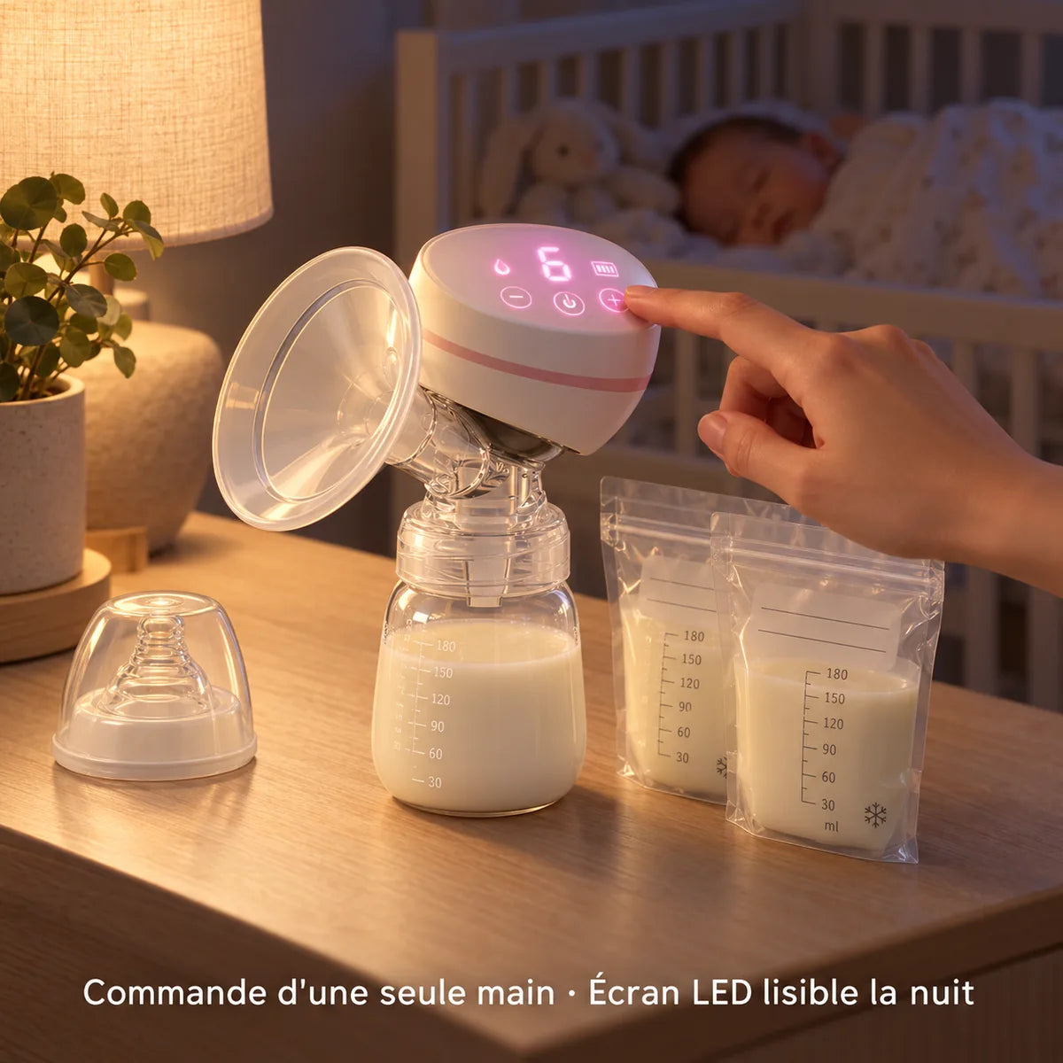 Doigt réglant le tire-lait électrique la nuit sur une table de chevet, écran LED allumé, biberon de lait et sachets de conservation, bébé endormi