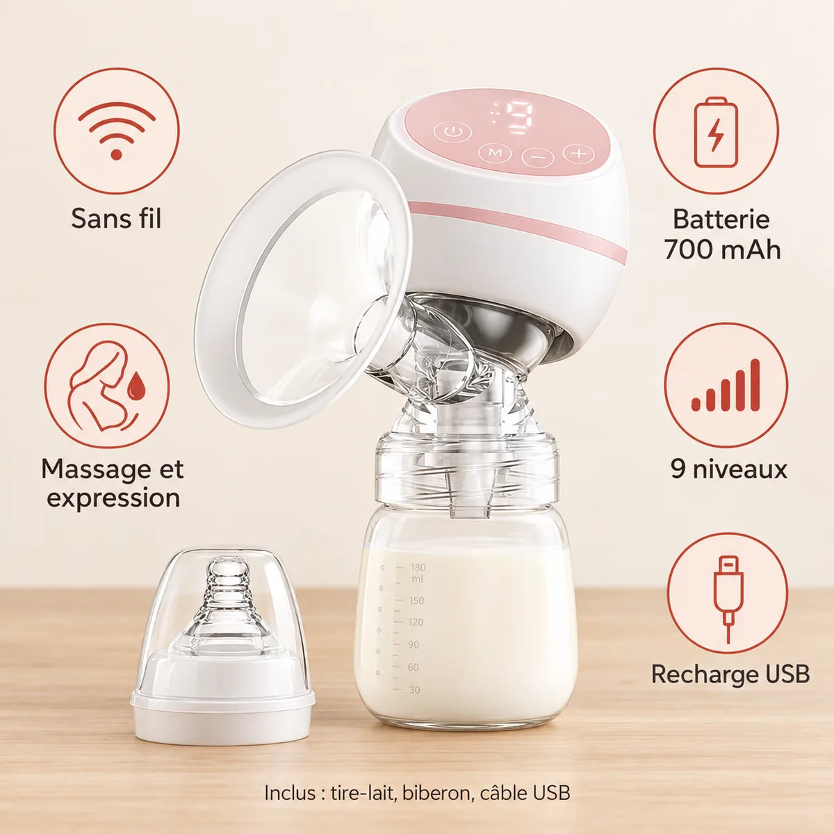 Tire-lait électrique sans fil et ses atouts : batterie 700 mAh, massage et expression, 9 niveaux, recharge USB – inclus : tire-lait, biberon, câble USB